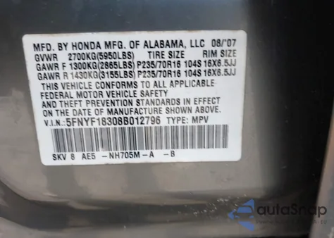 2008 Honda Pilot Se from USA, damaged, VIN 5FNYF18308B012796